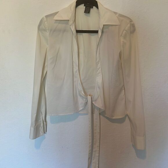 BCBGMaxazria Ivory Tie Blouse Top Open Collar Top Size 4 - Picture 1 of 5